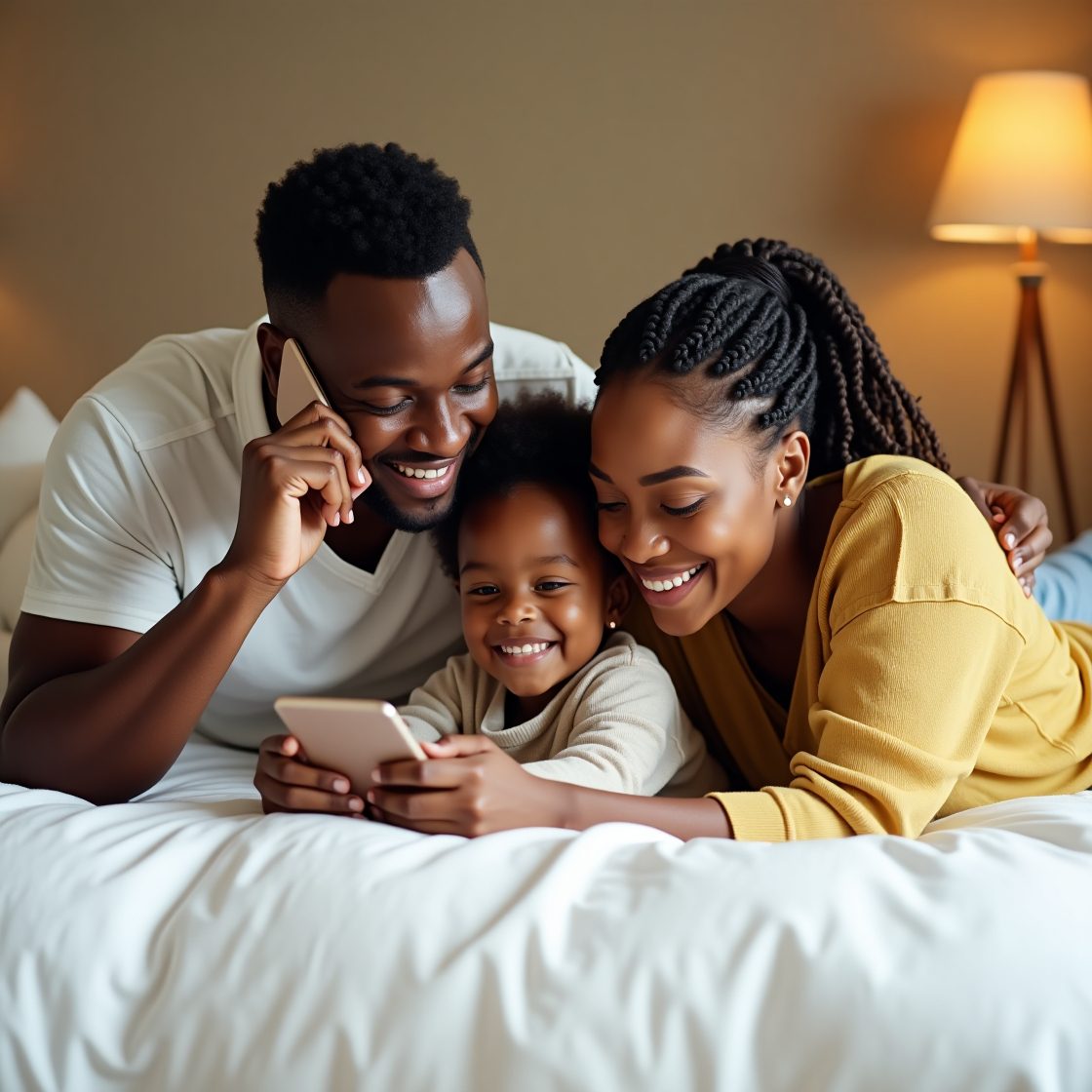 Une famille réunie confortablement sur un lit
